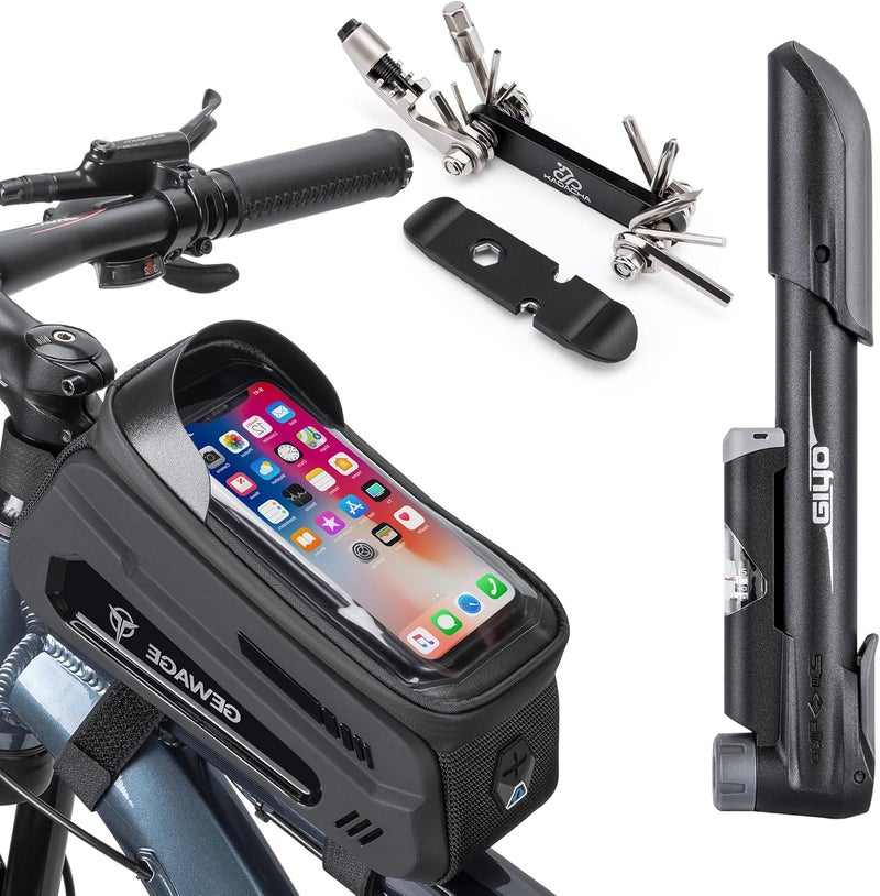 GEWAGE Bicycle Phone Mount Bag & Bicycle Tire Pump, Bike Multitool with Tyre Lever - Bike Tool Kits for Repair and Maintenance at Home or On The Road - Image 1